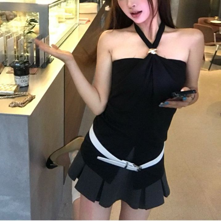 Women's Backless Halter Crop Top - Summer Bodycon Sleeveless Bustier In Black, White, Coffee_ecoleips.com