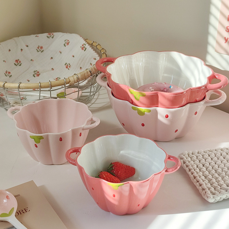 Cute Ceramic Instant Noodle Bowl Double-Eared Bowl for Home Personal Use Anti-Scalding Strawberry Petal Bowl Fruit Salad Noodle Bowl