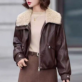 可拆卸大毛领加绒加厚女士皮衣外套短款2026秋冬新款保暖宽松大码