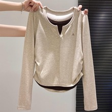 【天猫抖音好质量80-200斤可穿 整件套烫】大码女装假两件长袖t恤