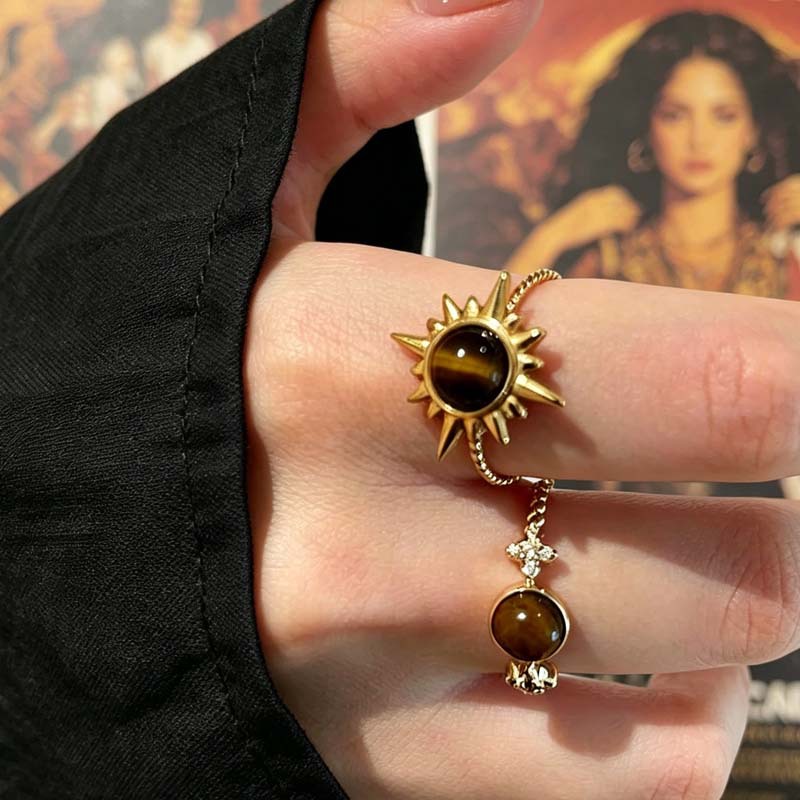 Golden Sunflower Tiger Eye Stone Ring for Women, Light Luxury Niche High-End Style Index Finger Ring, Maillard Stackable Vintage Ring
