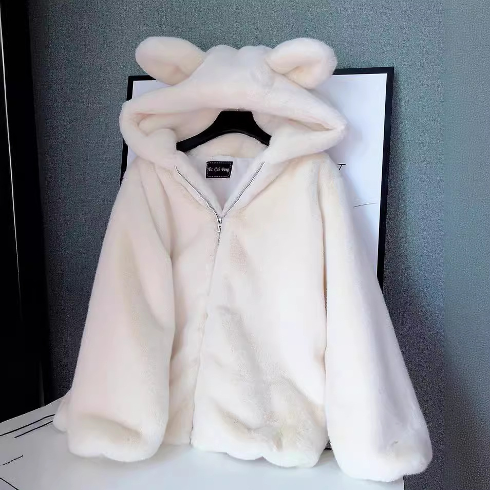 Dameskleding Nieuwe winterbont verdikte pluche schattige capuchon bruine beer oren rex konijnenbont korte rits jas voor dames_voghion.com