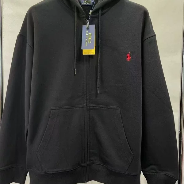 Cross-border foreign trade basic style hoodie with embroidered pony logo, unisex zip-up cotton sweatshirt
