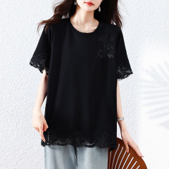実写スポットファッションレースtシャツ女性夏2025年欧品半袖上着ゆるい大サイズ女装