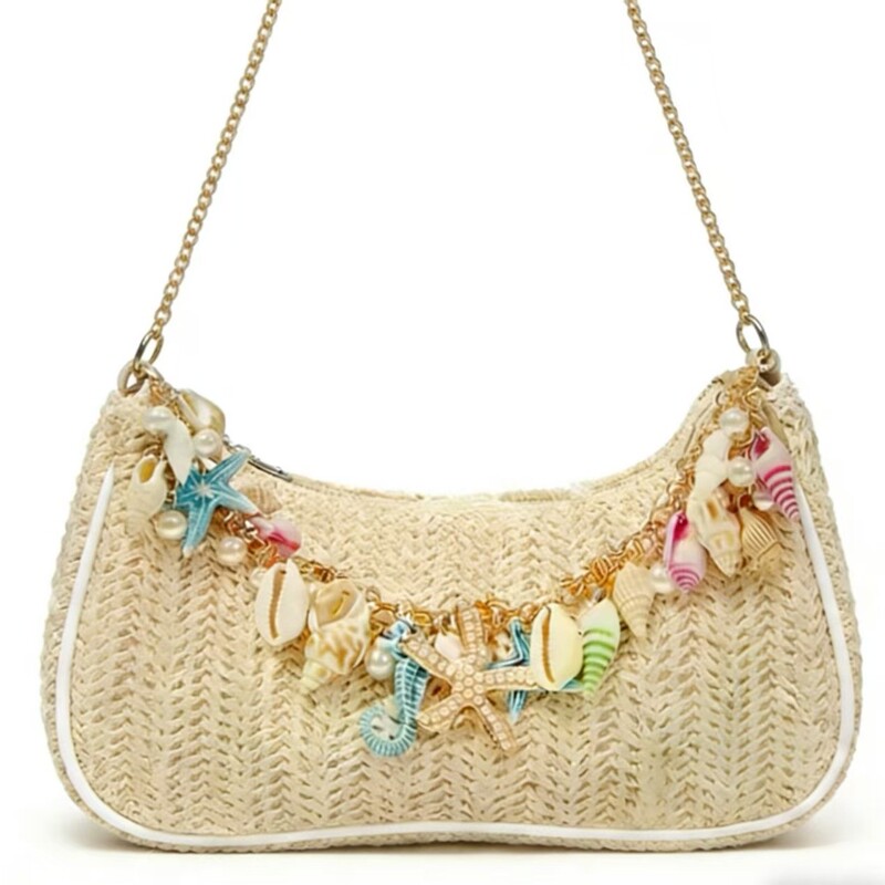 Cross-Border Wholesale Trendy Shell Pearl Straw Woven Underarm Bag Fashionable Chain Versatile Handbag High-End Shoulder Bag Cross-Border Wholesale Trendy Shell Pearl Straw Woven Underarm Bag Fashionable Chain Versatile Handbag High-End Shoulder Bag