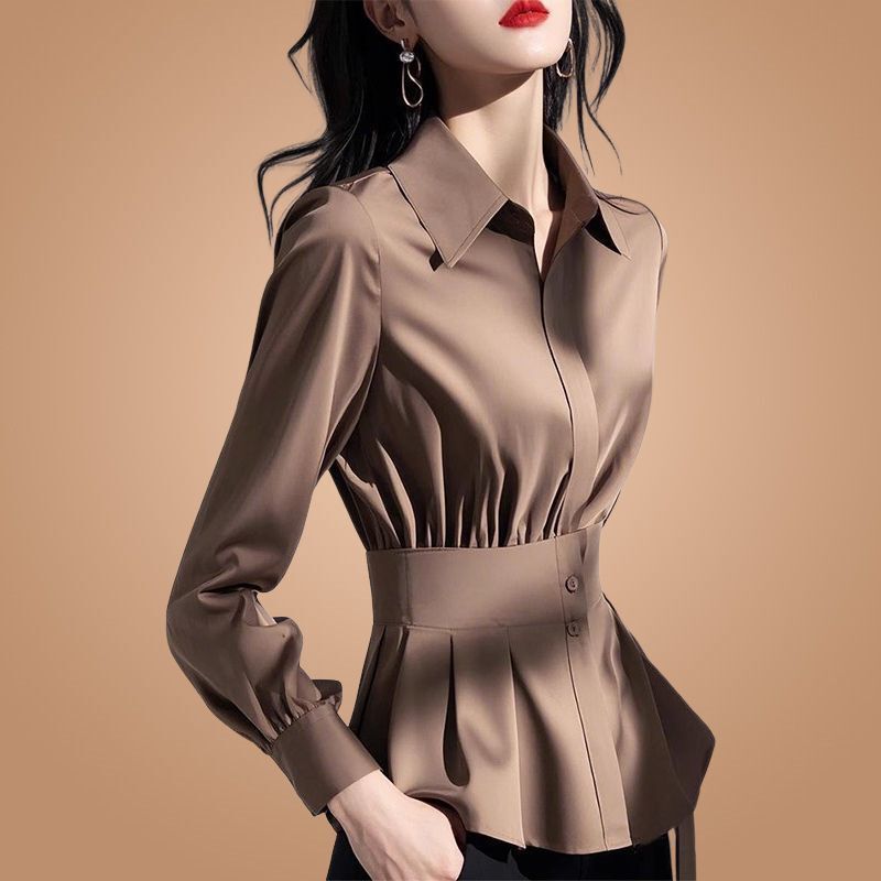 Spring European-Style High-End Chic Niche Light Luxury Age-Reducing Beautiful Trendy Coffee-Colored Cinched Waist Shirt for Women Spring European-Style High-End Chic Niche Light Luxury Age-Reducing Beautiful Trendy Coffee-Colored Cinched Waist Shirt for Women
