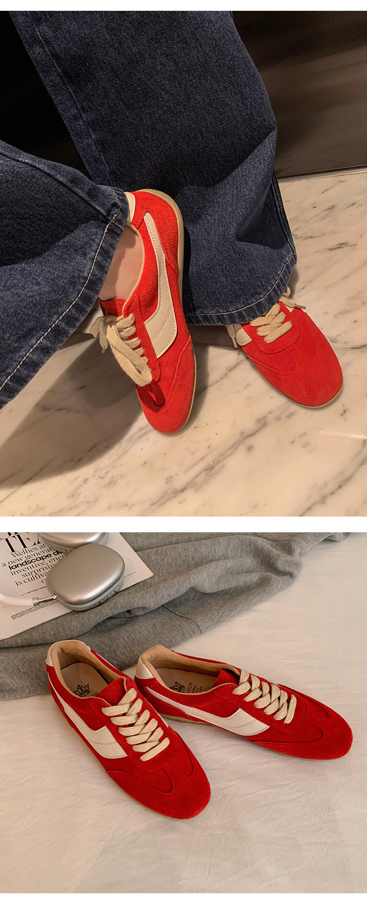Giày sneaker nữ đế bệt mũi tròn dây buộc da thật phối màu phong cách Đức — Màu nâu chi tiết 13