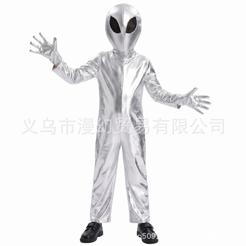 Children's Silver Alien Cosplay Costume Sci-Fi Alien Headgear Gloves Jumpsuit Halloween Party Children's Silver Alien Cosplay Costume Sci-Fi Alien Headgear Gloves Jumpsuit Halloween Party