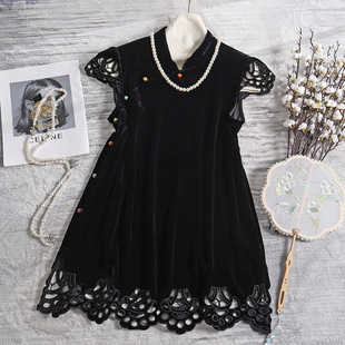 深圳南油真絲絲絨新中式國風旗袍鈎花鏤空公主袖時尚減齡顯瘦上衣