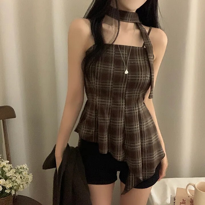 Korean-Style Design Irregular Plaid Camisole Shirt Top Brown One-Size Gray Strap Style Cotton Colorful Cotton Women's