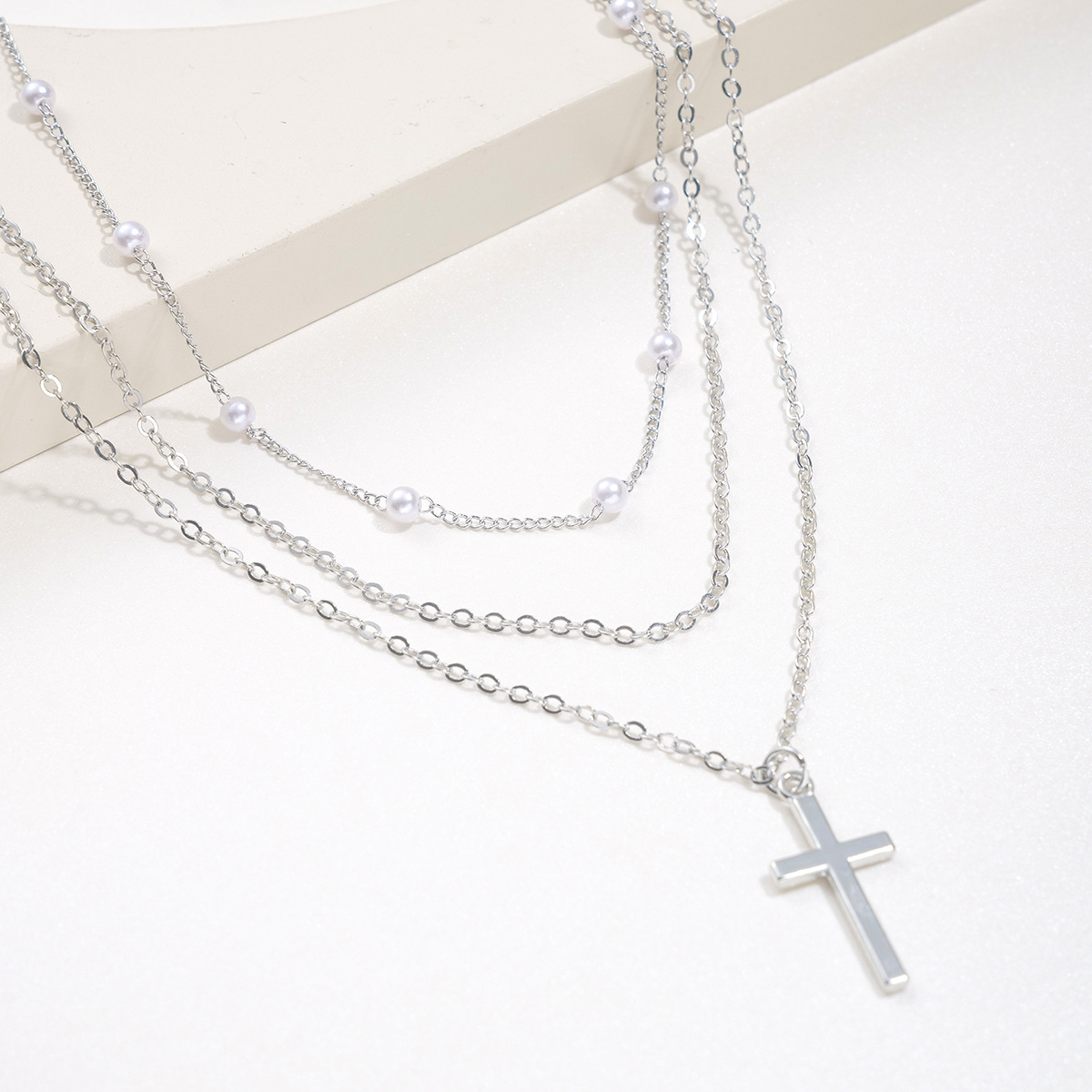 Multilayer Stacked Necklace With Pearl Cross Pendant Retro Style_voghion.com