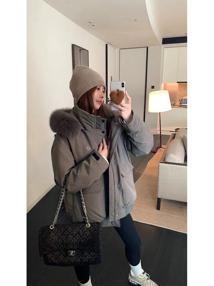 Ropa de algodón femenina invierno 2025 nuevo cuello de cabello Hanins pareja versión de ropa de algodón suelta chaqueta de algodón gruesa