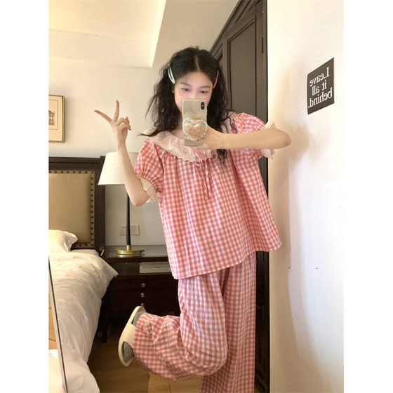 South Korea ins ladies spring and summer new Korean style pink plaid round neck lace short sleeve trousers pajamas suit wholesale