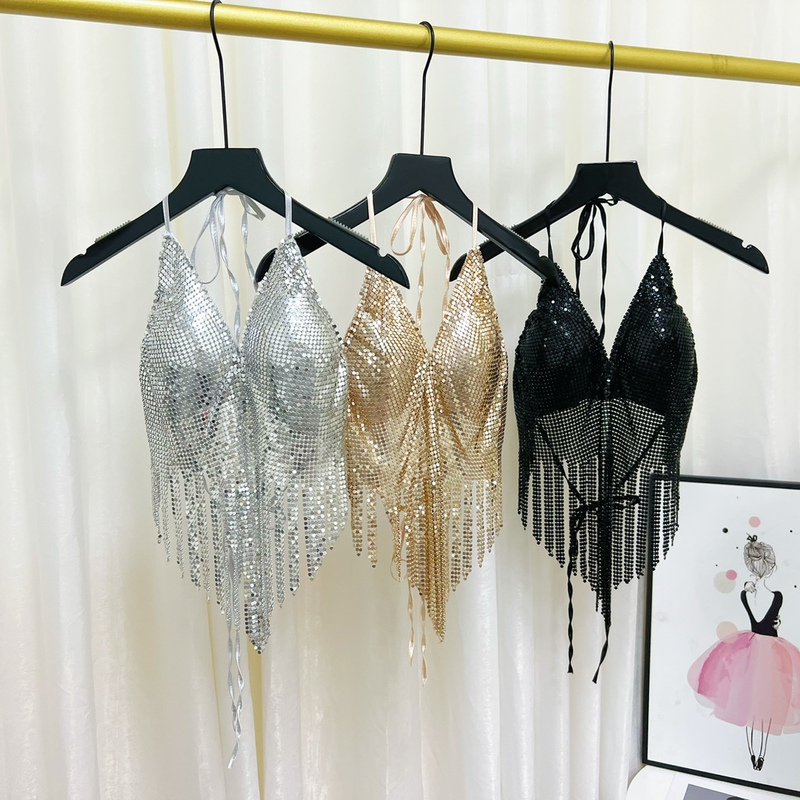Dropshipping Pure Lust Style Sexy Design Sequined Halter Top Women's Slim Outer Wear Tassel Tube Top Trendy