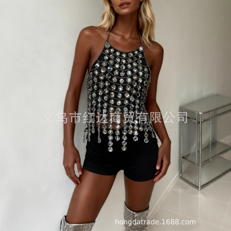 Amazon Holiday Fashion Acrylic Rhinestone Halter Neck Vest Chain Nightclub Sequin Tassel Body Chain