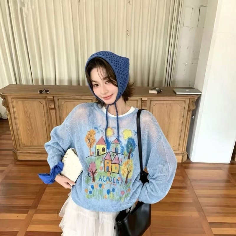 Korean-style playful fairy tale house print knit sweater for women, early autumn sun protection, hollow-out, age-reducing, casual loose pullover sweater Korean-style playful fairy tale house print knit sweater for women, early autumn sun protection, hollow-out, age-reducing, casual loose pullover sweater