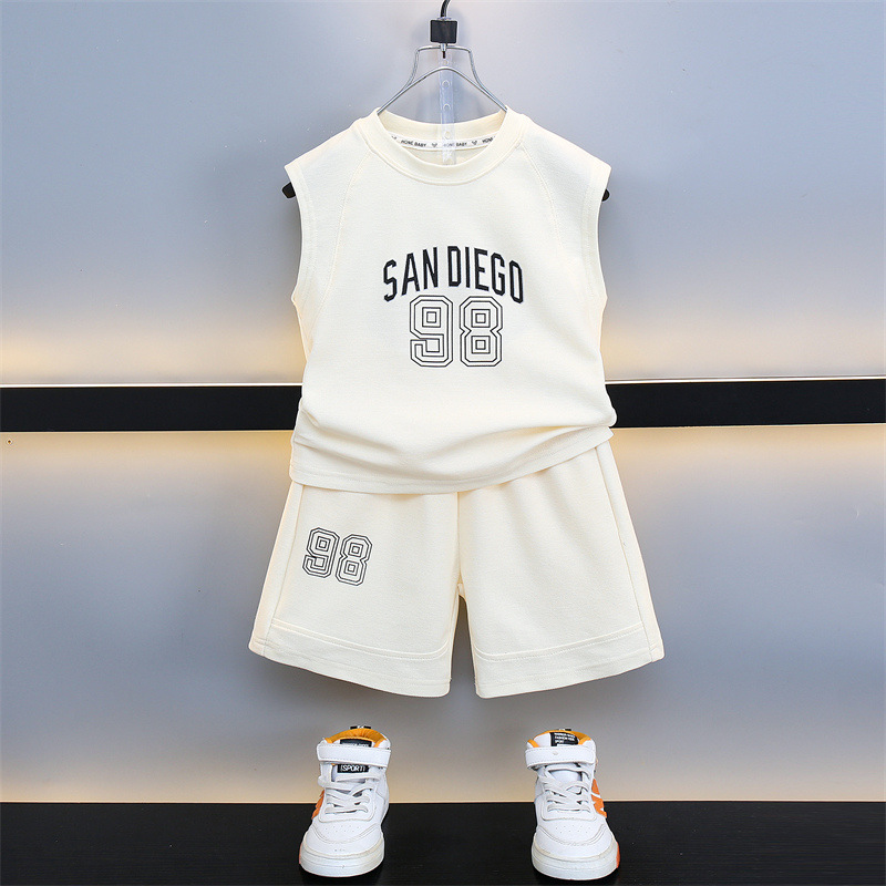7116 Traje sin mangas para niños Ropa delgada para bebés 2025 verano nuevo estilo chaleco para niños pantalones cortos de dos piezas de moda