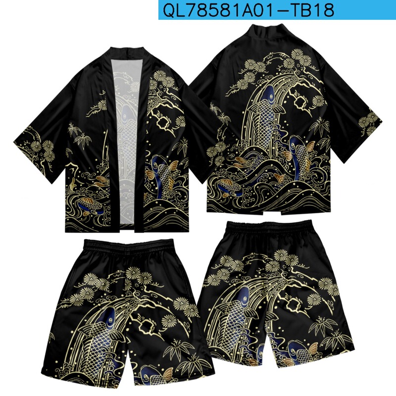 Summer Haori Kimono Suit Ukiyo-e National Style 3D Digital Printing Three-quarter Shirt Taoist Robe CarDigan Loose Men Summer Haori Kimono Suit Ukiyo-e National Style 3D Digital Printing Three-quarter Shirt Taoist Robe CarDigan Loose Men