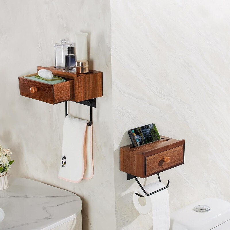 Wooden Wall-Mounted Tissue Holder with Phone Stand, Toilet Paper Holder, Bathroom Wet Toilet Paper Storage Stand