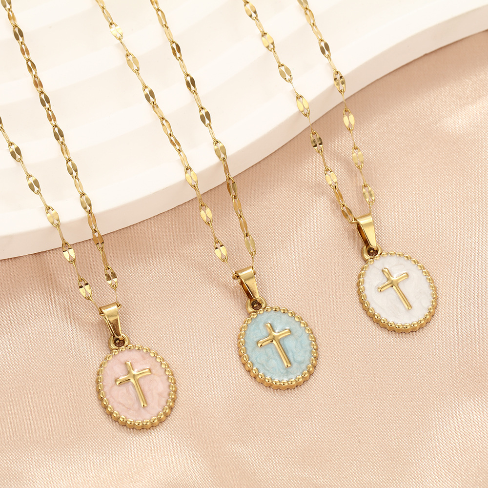 European and American French Oil Dripping Round Cross Stainless Steel Pendant Necklace Women's Exquisite Simple Titanium Steel Clavicle Chain