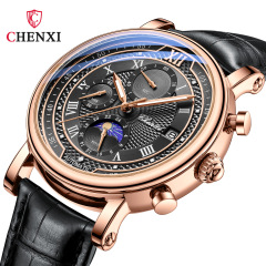 Chenxi multifunctional true three-eye six-pin men's watch moon phase calendar timing business live broadcast cross-border manufacturer quartz watch