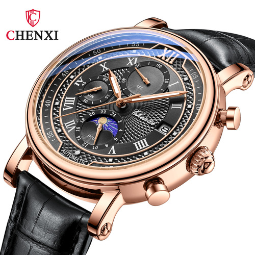 Chenxi multifunctional true three-eye six-pin men's watch moon phase calendar timing business live broadcast cross-border manufacturer quartz watch