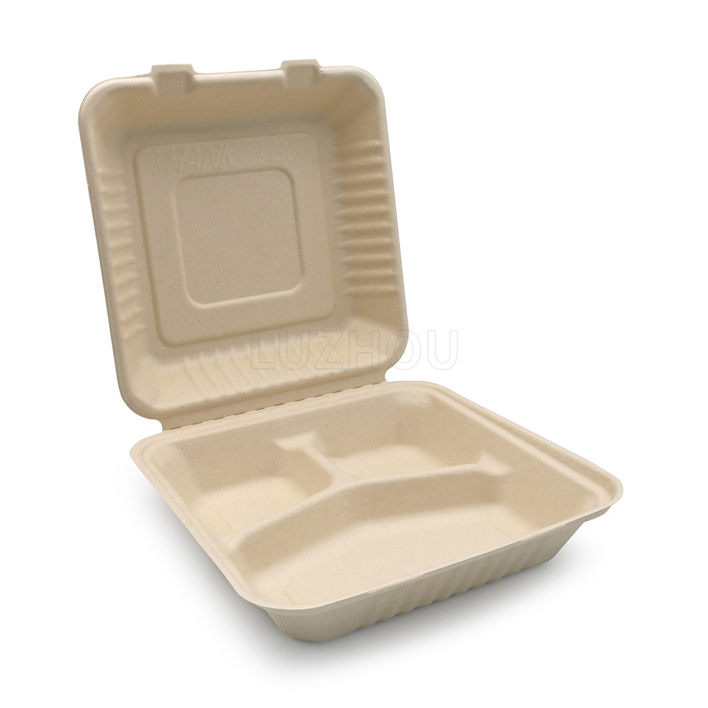 Shaogeng Oasis Pulpa de caña de azúcar Pulpa de bambú 9 pulgadas 3-rejilla caja de almuerzo caja de bloqueo ecológico vajilla desechable degradable compostable