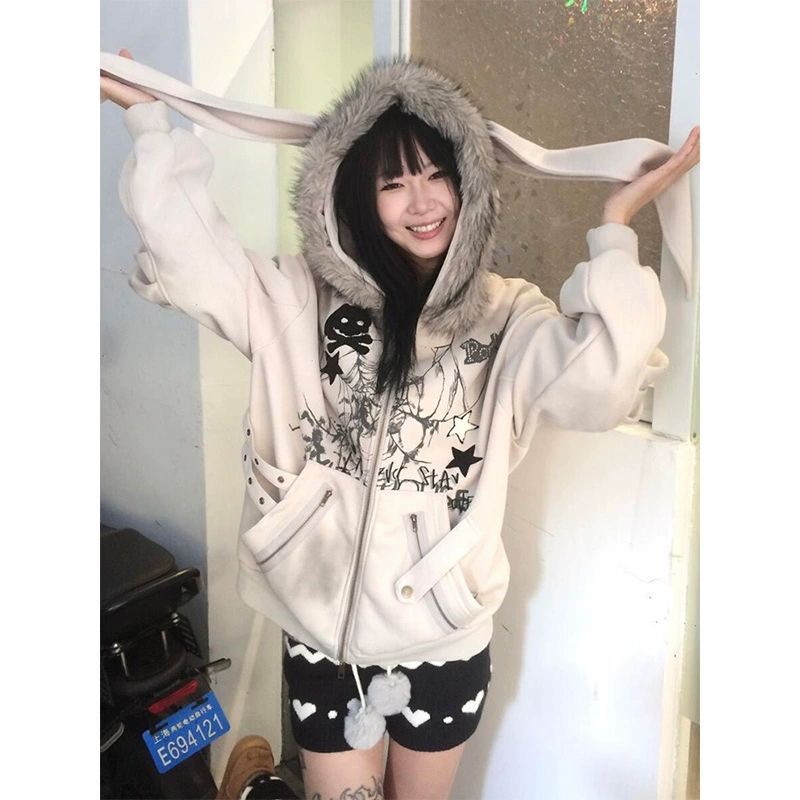 亚比兔耳连帽外套女秋冬季设计毛毛领宽松设计感小众加绒开衫上衣