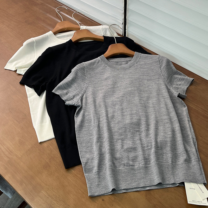 Th Same Style German Yangtze Yarn 120-Count Summer Fine-Spun 18-Gauge All-Wool Short-Sleeve Knit Top for Women, Thin Style