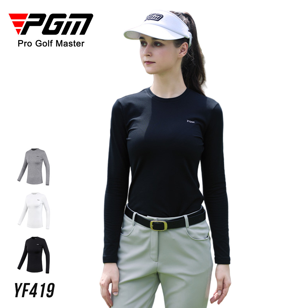 Áo thun golf nữ cổ tròn dài tay lót lông cừu ấm — Áo mặc trong golf nữ YF419 màu đen, Áo Sơ Mi Nữ chơi gôn màu xám YF419, YF419 nữ Golf mặc trong màu trắng
