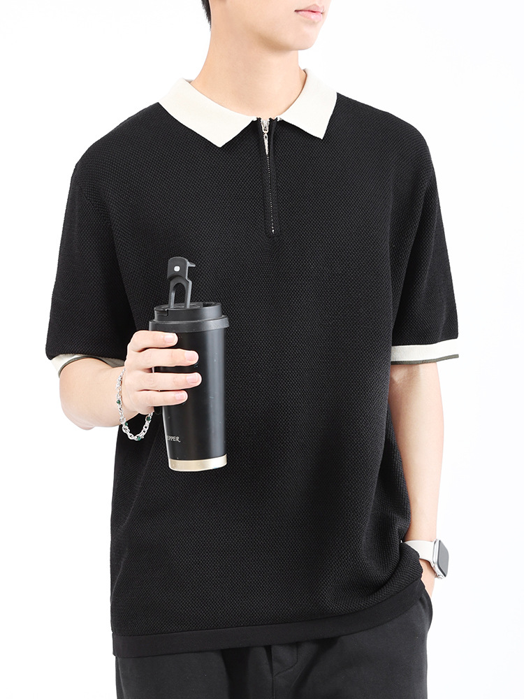 Hombres polo de verano para hombres, camiseta de punto de alta calidad de seda de hielo secado rápido con solapa de color contrastante, ropa transpirable de mangas cortas para hombres