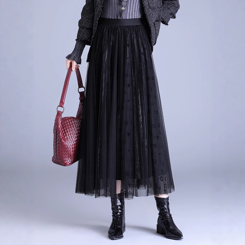 2025 New Autumn and Winter Mesh Pleated Skirt Brown Skirt Women's A-Line Long Skirt Super Nice Little Skirt Winter
