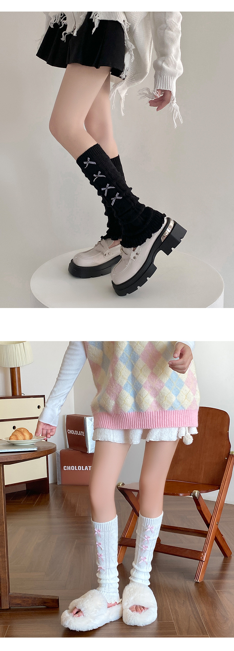 Scaldamuscoli Calzini in cotone alla moda da donna Lolita Plaid Bowknot Calzini impilati Stile balletto Dolce lavorato a maglia Autunno e inverno Vitello_voghion.com