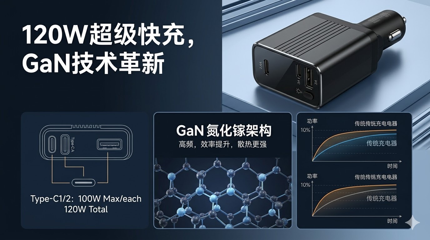 Cross-Border 2026 New Universal Gan Gallium Nitride Car Charger 120W Super Flash Charging Dual Type-C Cigarette Lighter