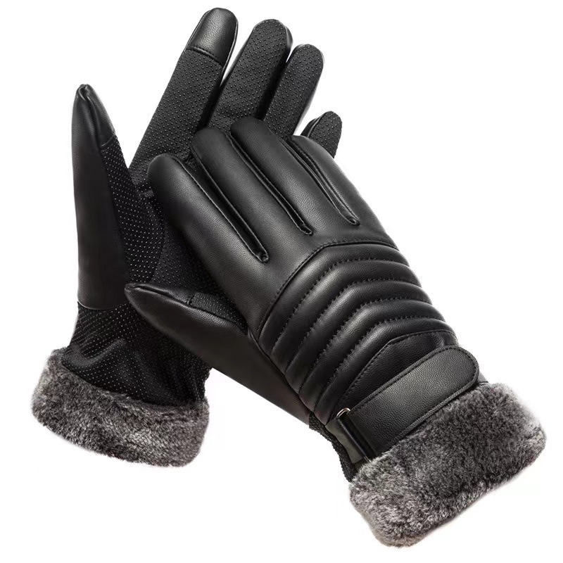 Guantes de cuero para hombres en otoño y invierno con terciopelo caliente pantalla táctil deportiva al aire libre para montar a prueba de viento y frío con algodón para conducir motocicletas