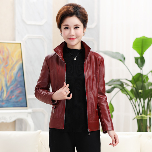 New autumn and winter middle-aged and elderly mother's clothing thickened and cotton short leather jacket slim fit pu leather jacket one piece drop shipping