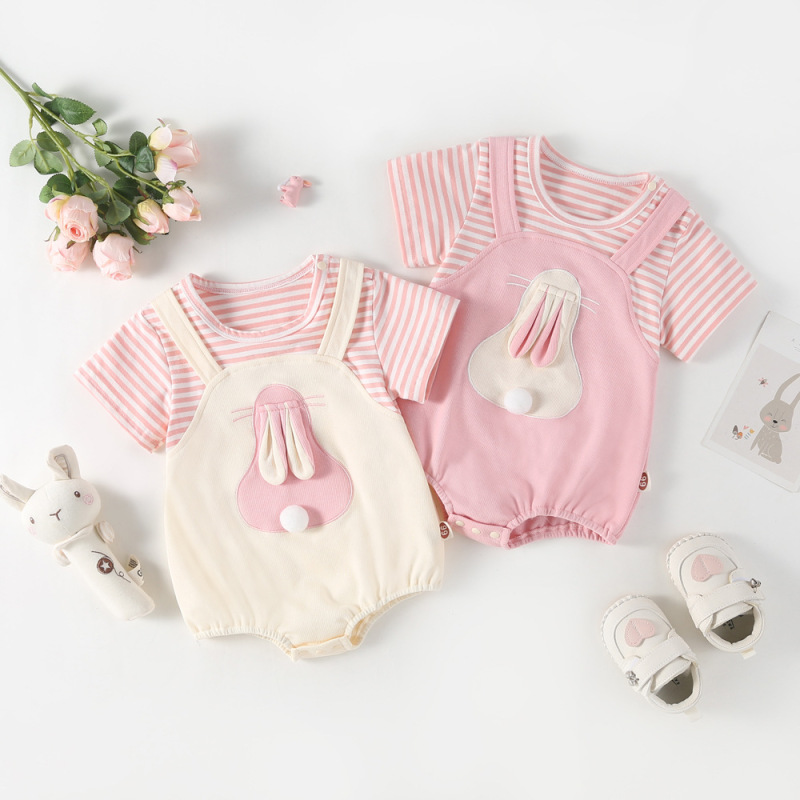 2024 summer jumpsuit fake two-piece package fart clothes baby girl cotton ha clothes thin one hundred days photo go out climbing clothes