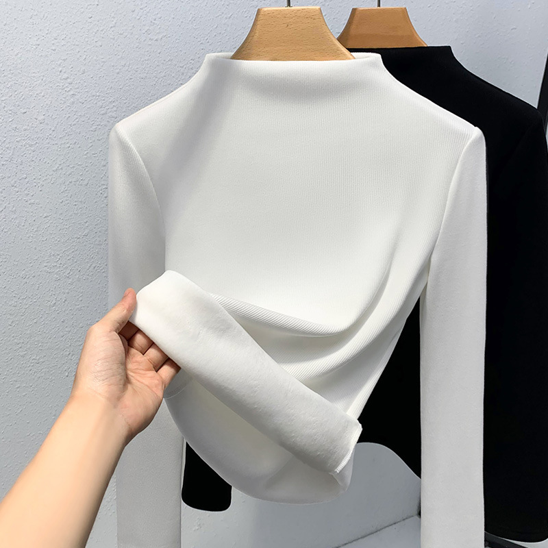 Camiseta de cuello medio alto para mujer, novedad de 2024, ropa de mujer, color sólido, acanalada, con forro polar integrado, capa interior cálida, top grueso con forro polar