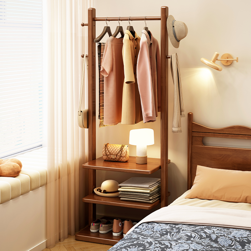 Solid Wood Floor-Standing Clothes Rack for Hanging Clothes, Suitable for Home Use in Small Bedrooms, Bedside Clothing Storage, Multi-Layer, Simple and Movable
