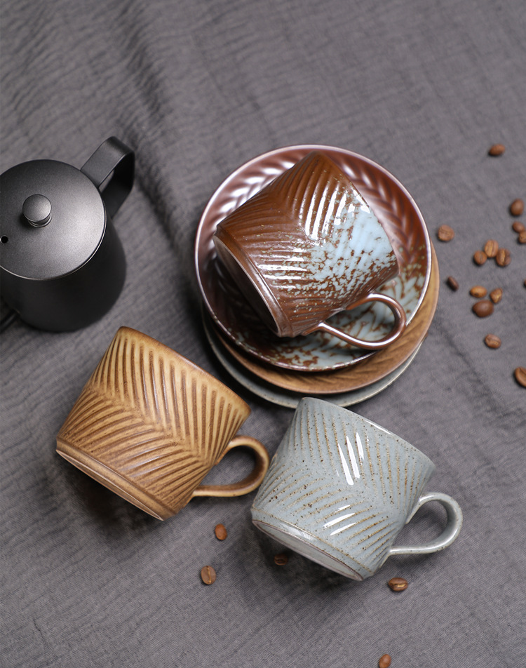 Ceramic Coffee Cup Set Wabi-sabi Style Japanese Embossed Ceramic_voghion.com