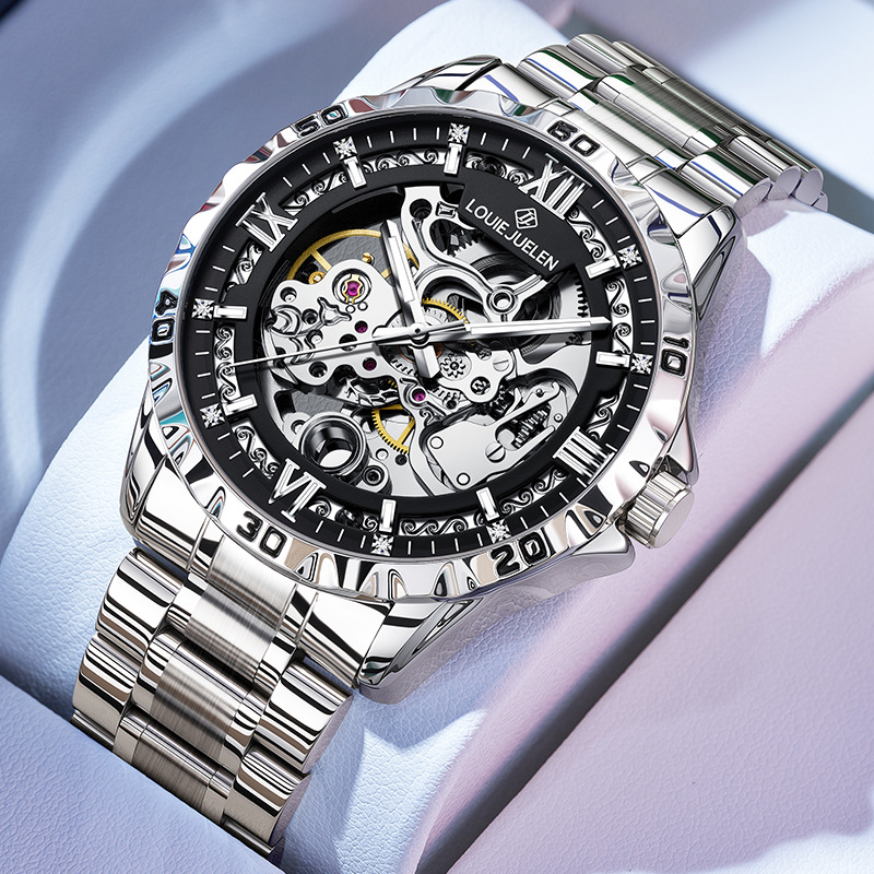 Reloj mecánico automático de hueco LOUIE JUELEN Reloj de hombre de negocios impermeable reloj de luz nocturna