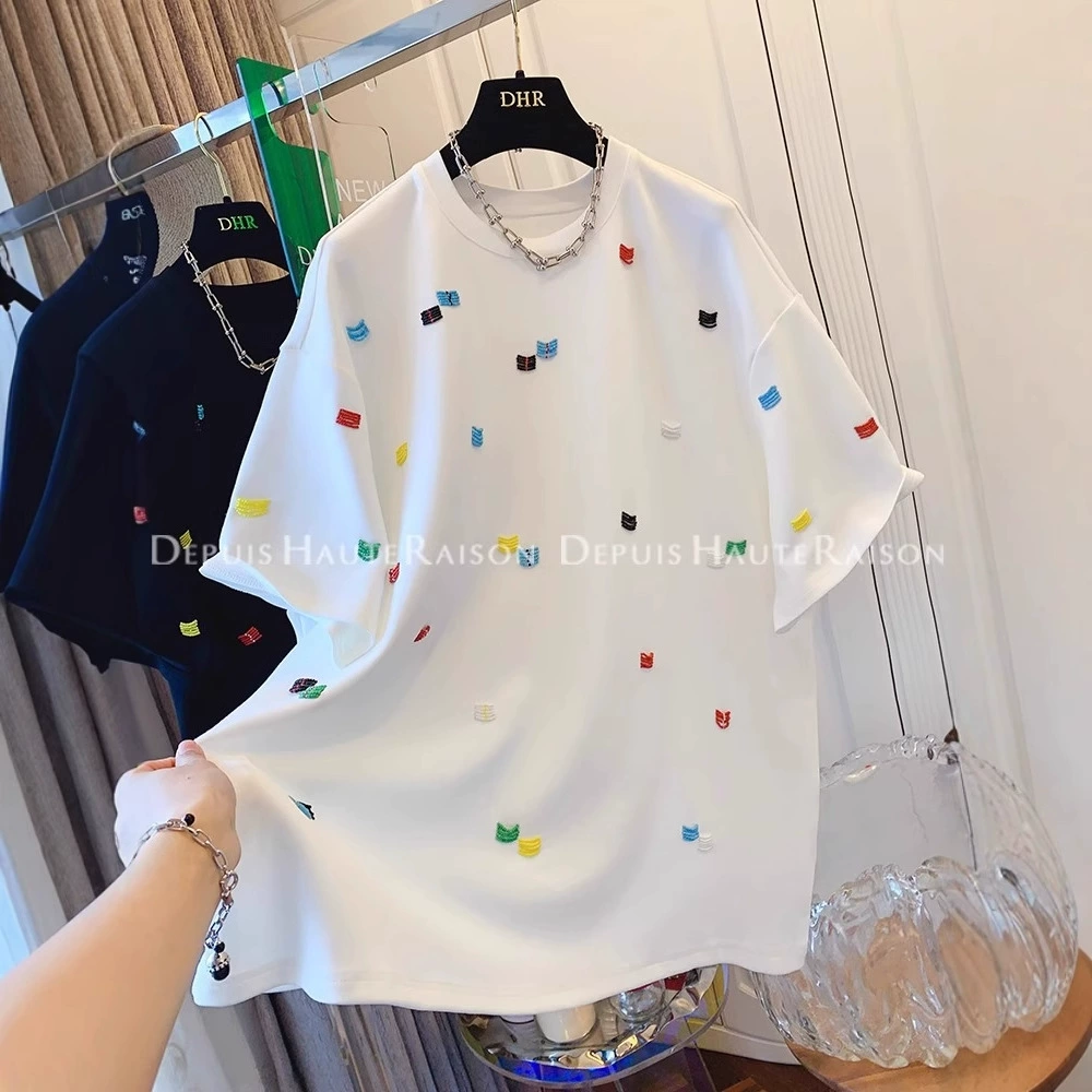 Внешняя торговля трансграничным хлопком 210 Kett плюс 250 кг высококлассная вышивка свободная уникальная супер красивая футболка с короткими рукавами для женщин