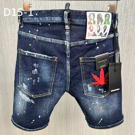 D15-1枫叶刺绣牛仔短裤D2潮牛仔裤欧跨境男装破洞五分裤牛仔中裤