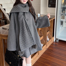 2025冬季新灰色斗篷披肩毛呢外套女中长款韩版毛呢外套短款大衣女