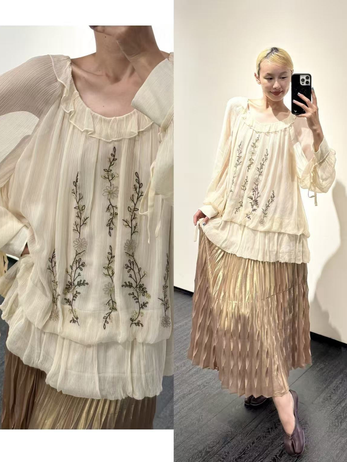 In stock: ICE designer model, same style as Zhong Chuxi's. 26 early autumn new collection, beaded floral embroidered chiffon blouse for women