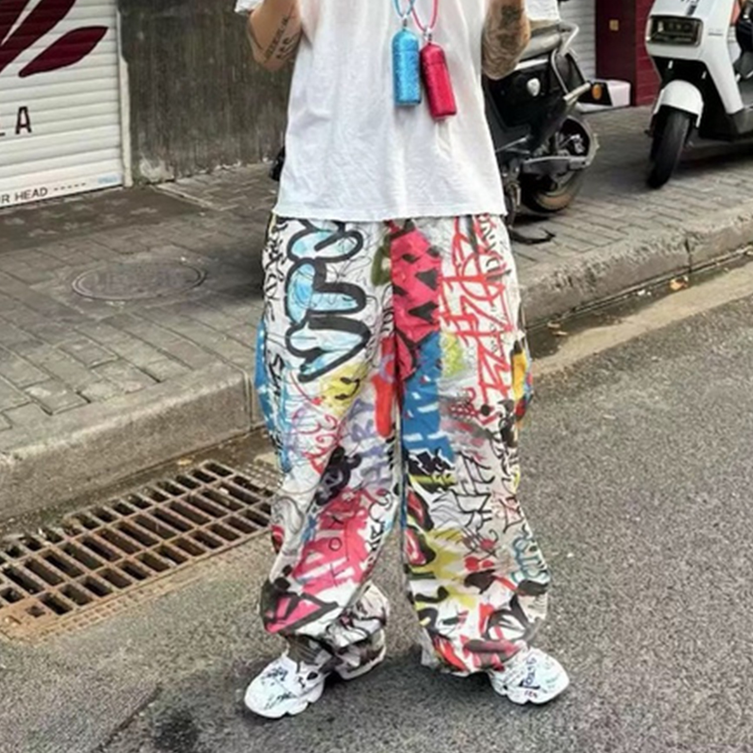 Pantaloni larghi da uomo con stampa graffiti, unisex, larghi, tubolari, multi-taglie, floreali, tendenza_voghion.com