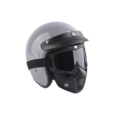 3C Certified Retro 3/4 Safety: Motosiklet kaskı (dəbilqə) - cool-gray-mask-free-w-brown-mirror-hat-brim-face-towel-s