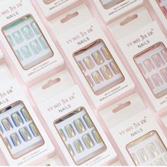 歐美穿戴甲批發假指甲成品貼片24片電鍍方頭指甲貼片極光穿戴甲