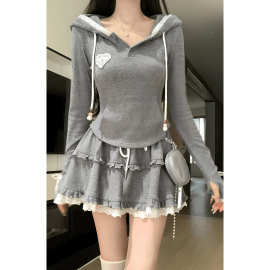 春秋季大码胖mm甜辣纯欲风套装女显瘦连帽上衣半身裙两件套300斤