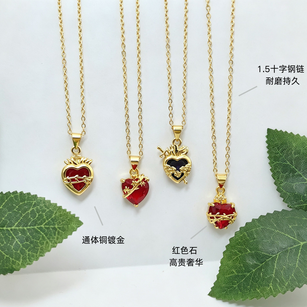 Cross-Border Manufacturer European and American Style Minimalist Red Crown Heart Necklace Copper Plated with Noble Gold Zircon Necklace Pendant